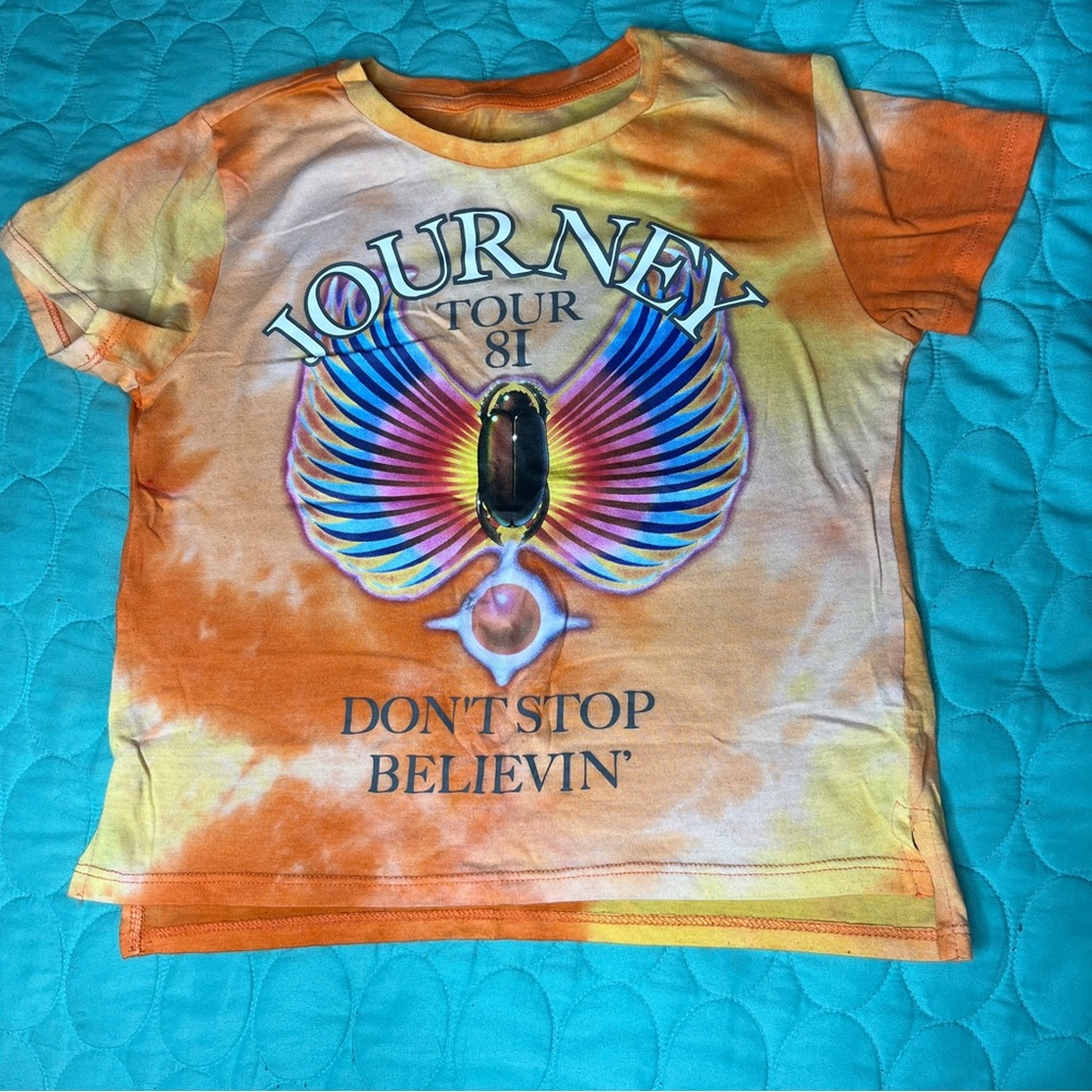 Journey Tour Don’t Stop Believin’ Orange Tie Dye Cropped Concert Shirt Size XS